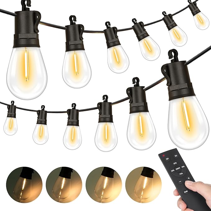 LED Outdoor String Lights, 150FT Waterproof Patio Light with Remote & 48 Shatterproof Dimmable S14 Edison Bulbs(3 Spare), 3 Modes 2 Timer Outside Garden Lighting for Balcony, Porch, Party, Christmas