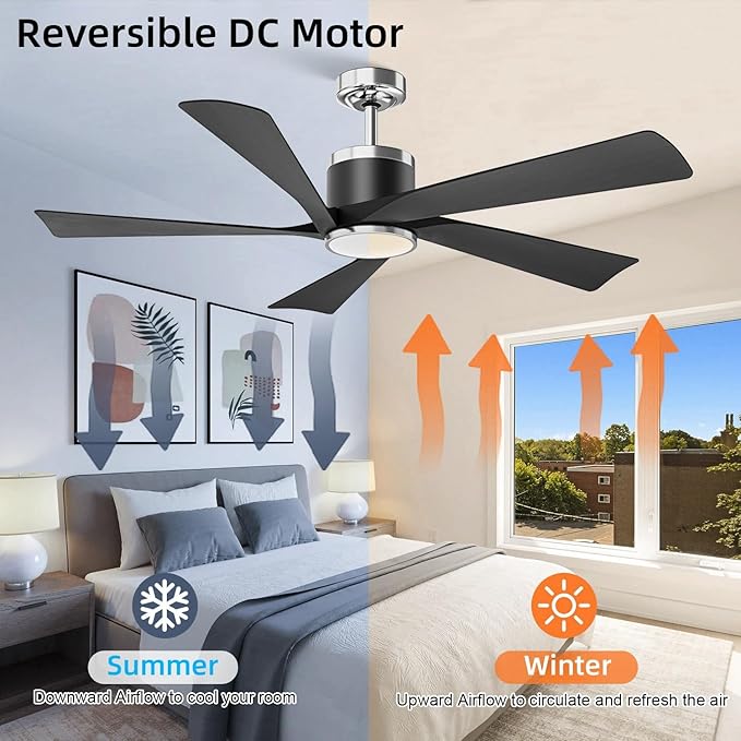 52'' Ceiling Fans with Lights, Modern Ceiling Fan with Remote Control, Indoor Outdoor Ceiling Fan for Living Room,Bedroom 5 Blade 3 Color Tempearture (Black)