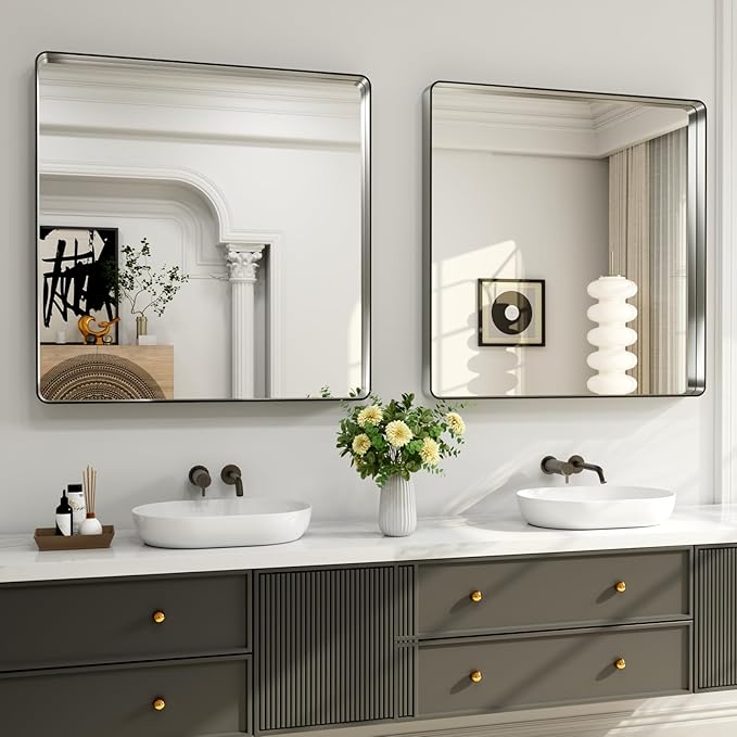 LOAAO 38X38 Inch Brushed Nickel Bathroom Mirror, Rounded Rectangle Silver Metal Frame Mirror, Brushed Nickel, Anti-Rust, Shatter Proof, Hangs Horizontally or Vertically