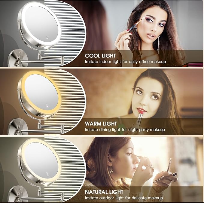 Wall Mounted Lighted Makeup Mirror, 8" Rechargeable Double-Sided Light up Magnifying Mirror 1x/10x, 3 Color Led Vanity Mirror with Lights, Touch Dimmable 360° Rotation Foldable-Nickel