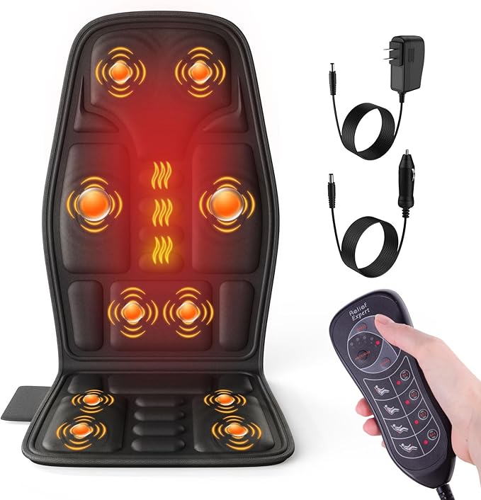 Back Massager with Heat for Pain Relief, Back Massage Chair Pad, Full Body Massage, Deep Tissue Vibration Massager with 2 Adapters, Office and Recliner