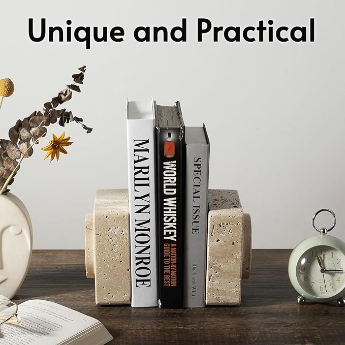 Koville Marble Square Book Ends, Heavy Duty Book Holders, Bookends for Shelves, Office Bookshelf Decor for CDs/Video Games (Travertino Romano)