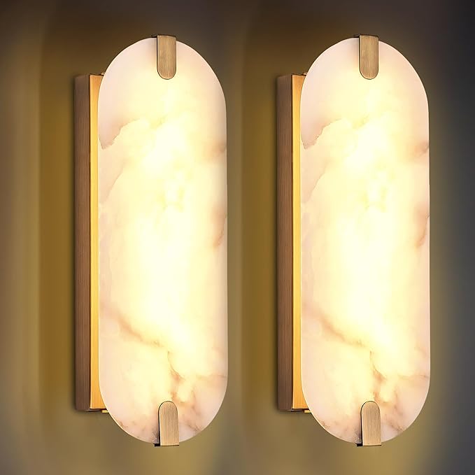14.17in Alabaster Wall Sconces, Natural Marble Wall Light Set of Two, Modern LED Alabaster Sconces for Living Room Indoor Wall Lamps for Dining Room Stairs Bedroom,Brushed Gold