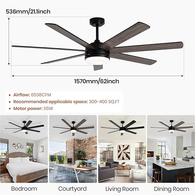 62 Inch Ceiling Fan, Outdoor Black Ceiling Fan with Light and Remote, 6-Speeds Reversible Motor, 7 Two-sided Blades Dimmable Noiseless, for Indoor Bedroom/Outdoor