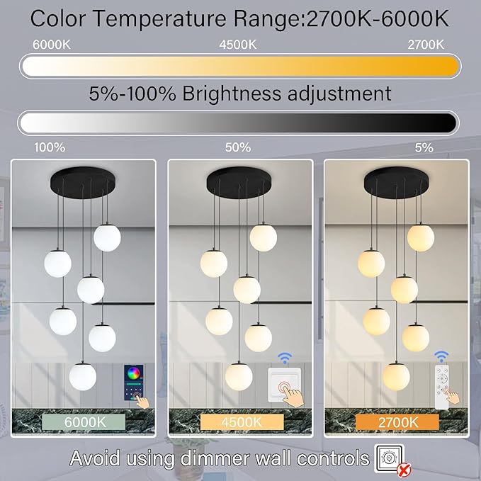 H 87in Globe Pendant Light 6-Lights Modern Hanging Chandelier for Kitchen Island Black Globe Chandelier Milk White Glass Pendant Lighting for Living Room Bedroom Entryway