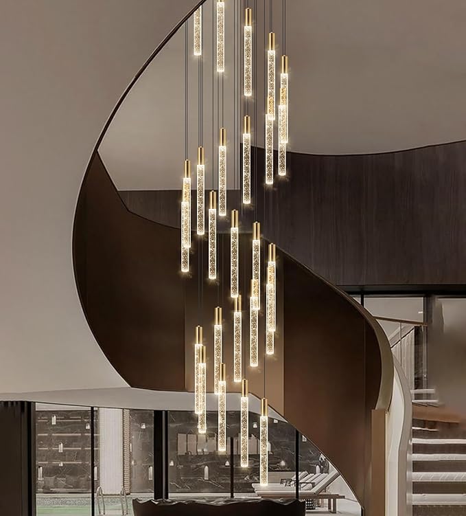 14.7 Foot High Ceiling Chandelier for Entryway Modern Crystal Lights for Living Room Foyer Flush Mount Sloping Ceiling Pendant Light Fixture Remote Dimmable 28-Lights Gold