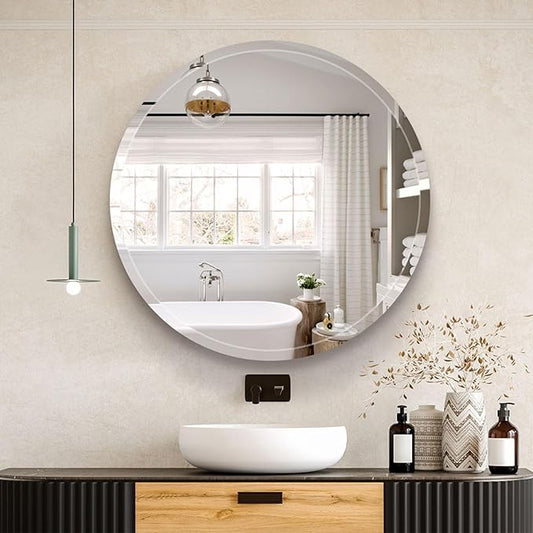 30" Frameless Round Beveled Mirror, 1" Polished Edge Beveled Circle Bathroom Mirror for Wall, Vanity, Entryways
