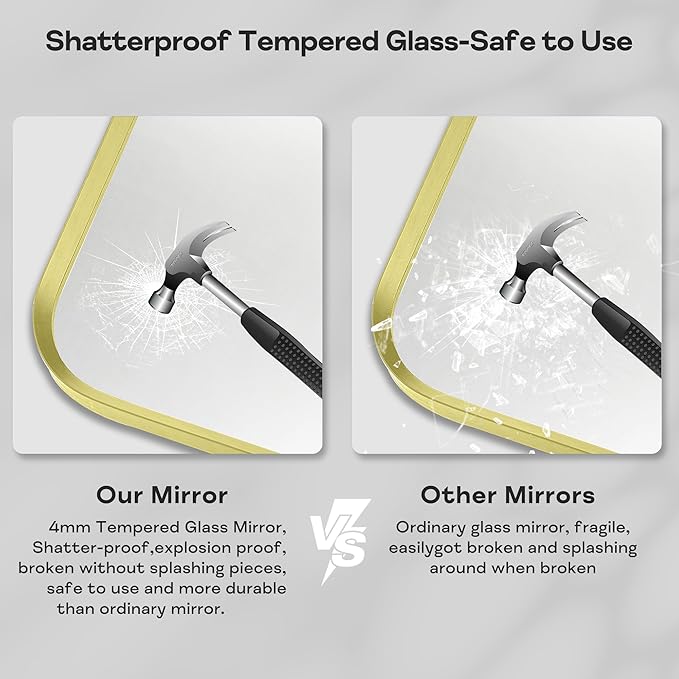 Gold Metal Framed Bathroom Mirror for Wall, Large Brushed Gold Rounded Corner Rectangular Bathroom Vanity Mirror, Anti-Rust, Tempered Glass, Hangs Horizontally or Vertically (30" x 55", Gold)