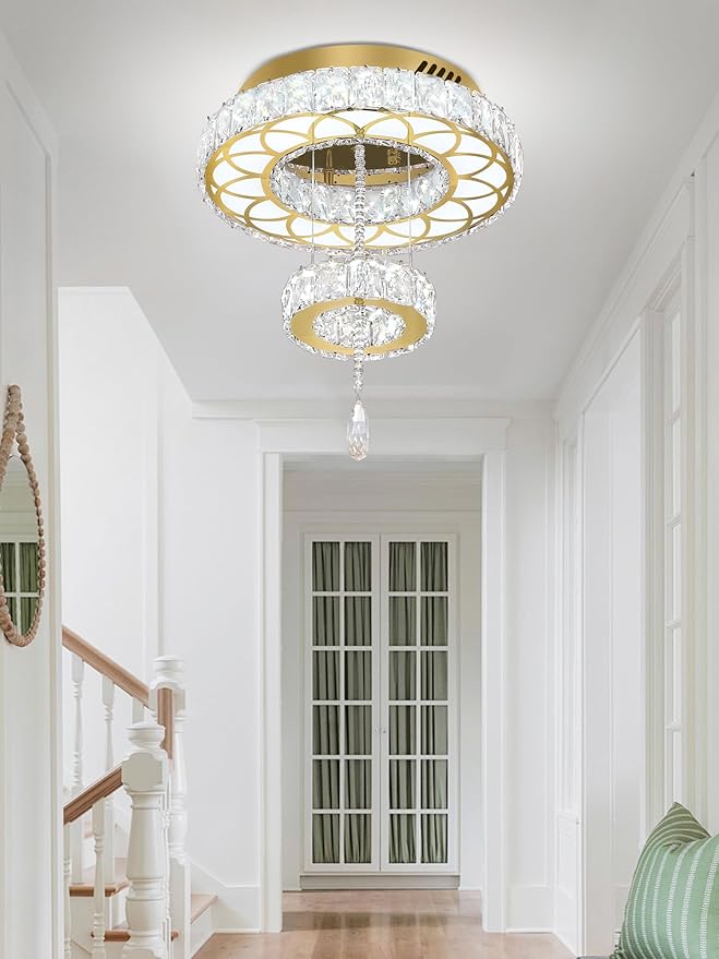 Flashing God Dia 12" Crystal Mini Chandelier Crystal Gold Ceiling Light Fixtures LED Flush Mount Ceiling Light for Living Room Bedrooms Dining Room Dimmable 2700k 4500k 6000k