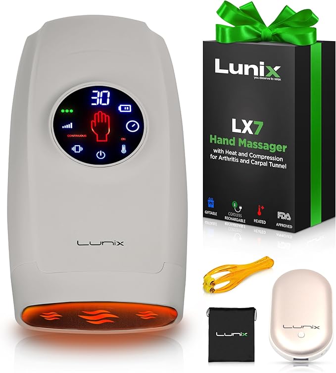 Lunix LX7 Touchscreen Electric Hand Massager with Compression and Heat, Pressure Point Therapy for Arthritis, Pain Relief, and Carpal Tunnel, Shiatsu Massage Machine, with Hand Warmer, Gray