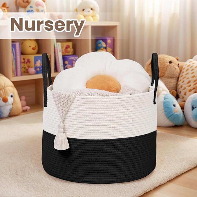 Woven Blanket Basket,65L Large Rope Storage Bin with Handles, Organizer for Blankets Toys Book and Clothes, Laundry Basket for Living Room Bedroom Nursery,White&amp;Black