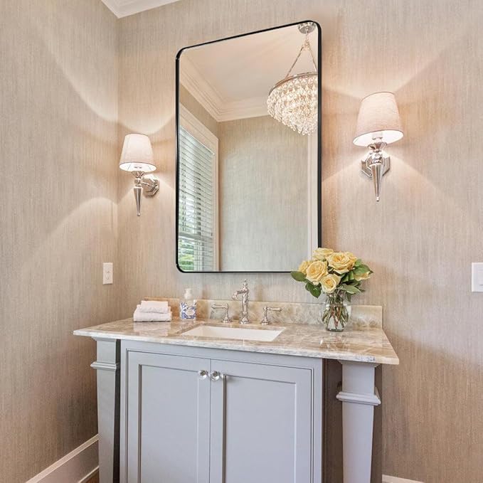 ANDY STAR Wall Mirror for Bathroom, 24x36 Matte Black Bathroom Mirror, Modern Stainless Steel Metal Frame with Rounded Corner, Rectangle Glass Panel Wall Mounted Mirror for Vanity