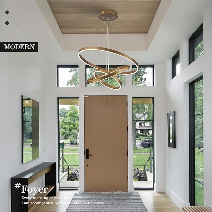 LED 3-Ring Chandelier Gold Dimmable Modern Pendant Light with Remote Control Vintage Brass LED Circle Chandelier for Dining Room Entry Foyer Bedroom Living Room,75W