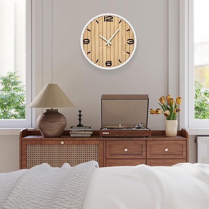 12 Inches Wooden Analog Wall Clock Battery Operated, Modern Silent Non-Ticking Decorative White Clocks for Office, Living Room, Bathroom, Kitchen, Bedroom