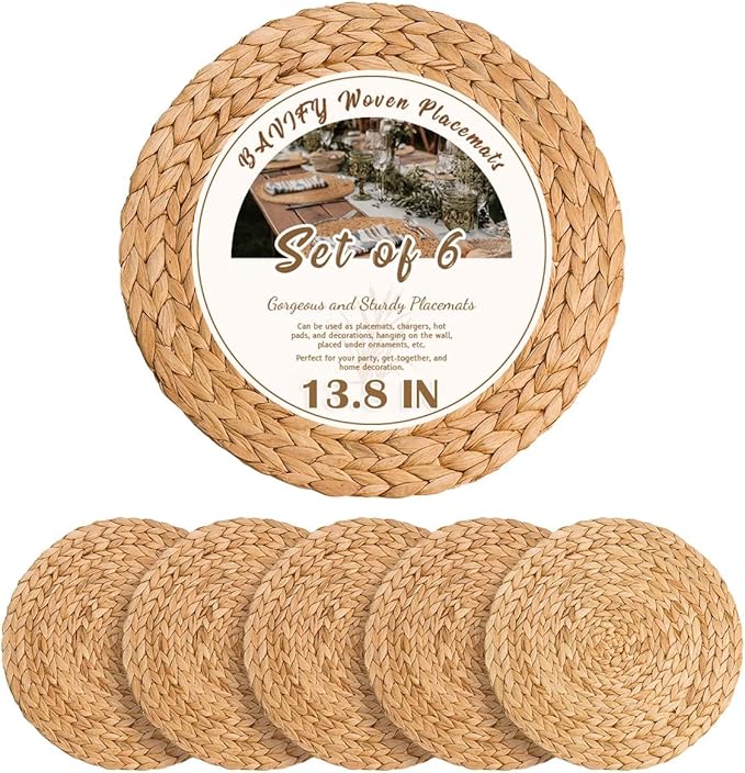 13.8 in Round Boho Placemats Set of 6, Woven Plate Chargers for Dining Table Decor Farmhouse Rustic Rattan Wicker Table Mats Chargers for Dinner Plates Jute Braided Place Mats