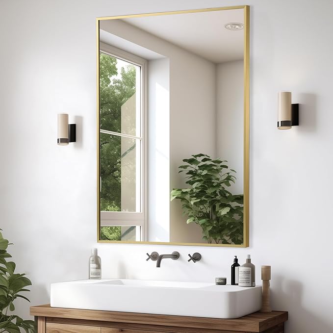 Gold Bathroom Mirror, 24"x32" Rectangle Mirror, Brushed Gold Mirror, Metal Frame Square Corner Vanity Mirror, Wall Mounted Mirror for Modern, Living Room, Bedroom, Horizontal Or Vertical