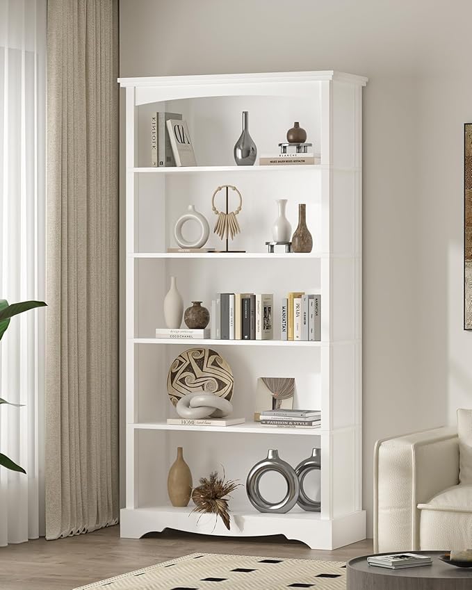 TVU 5-Tier Wooden Bookshelf, 65 Inch Tall Bookshelf with Storage, Floor Standing Modern Style Display Bookcase for Living Room, Office, Study Room, Entryway, White