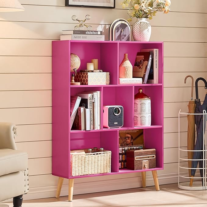 LEYAOYAO 7 Cube Bookshelf,3 Tier Book Shelf with Legs,Pink Modern Bookshelf,Large Freestanding Open Toy Modern Bookshelf,Display Bookcases Decor Furniture for Nursery