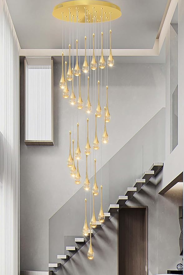 138'' Large Chandeliers for Living Room Modern Crystal Gold Chandeliers Spiral Staircase Pendant Light High Ceiling Lamp Fixture for Foyer Entrance Dimmable 2700-6000K