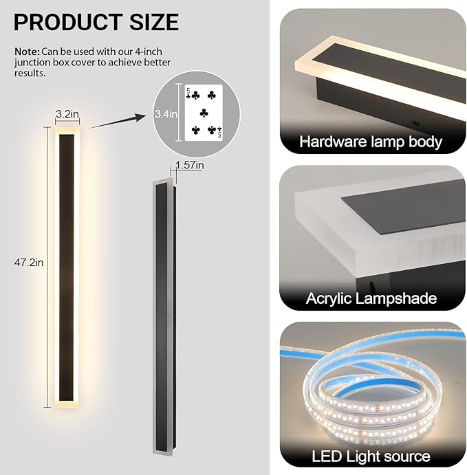 47 Inch Long Outdoor Wall Light, Exterior Wall Sconce 3000K-6000K Dimmable IP65 Waterproof LED Modern Exterior Sconce Black Wall Lighting for House Front Door Porch Garage