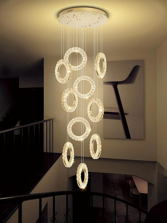 10 Rings High Ceiling Chandelier,Gold Rings Chandeliers,Staircase Chandelier with Remote,Foyer Chandeliers Entryway High Ceilings