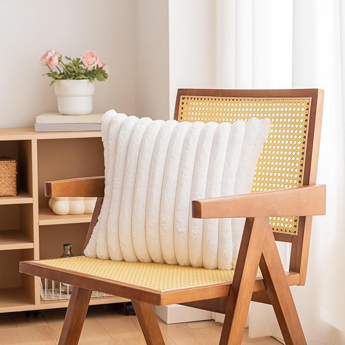 Double-Sided Faux Fur Plush Throw Pillow Covers 18x18 Set of 2 Fuzzy Striped Soft Cozy Pillowcase Luxury Decorative Pillows Square Shaggy Cushion Covers for Couch Sofa Bed,Cream White