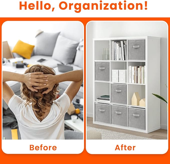 Criusia Heavy Duty Fabric Storage Cubes, Collapsible Storage Organizer Bins for Shelves Closet, Baskets for Clothes, Blankets, Toys, Grey, 11 inches, 8 Pack