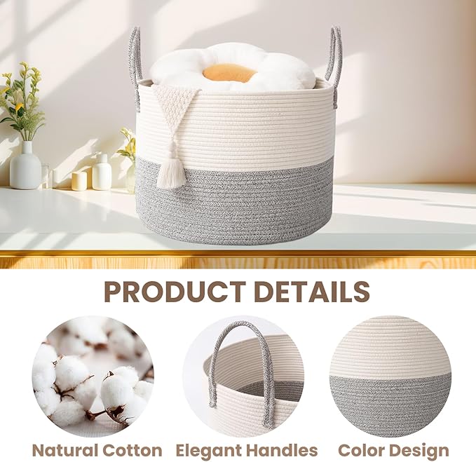 Woven Blanket Basket,115L Large Rope Storage Bin with Handles, Organizer for Blankets Toys Book and Clothes, Laundry Basket for Living Room Bedroom Nursery,White&amp;Grey