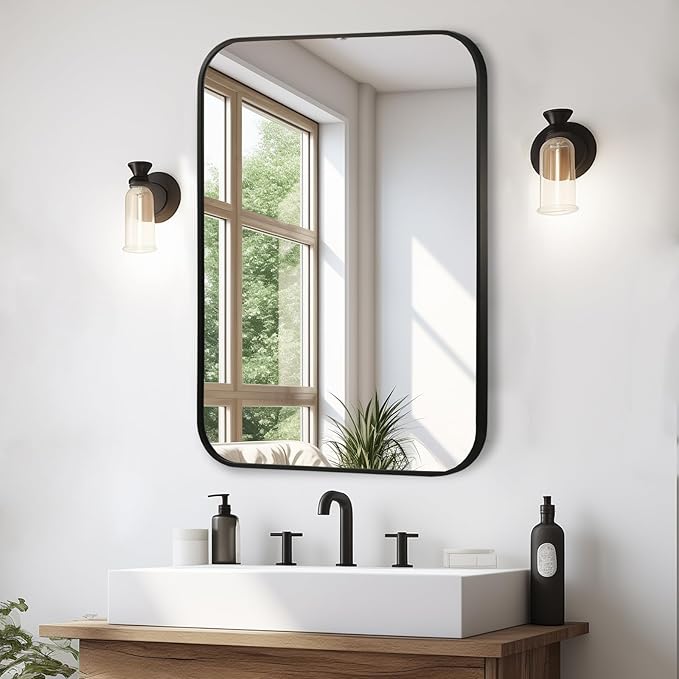 Matte Black Mirror, 20"x30" Rectangle Bathroom Mirror, Metal Frame Rectangle Corner Vanity Mirror, Wall Mounted Mirror for Modern, Living Room, Bedroom, Horizontal Or Vertical