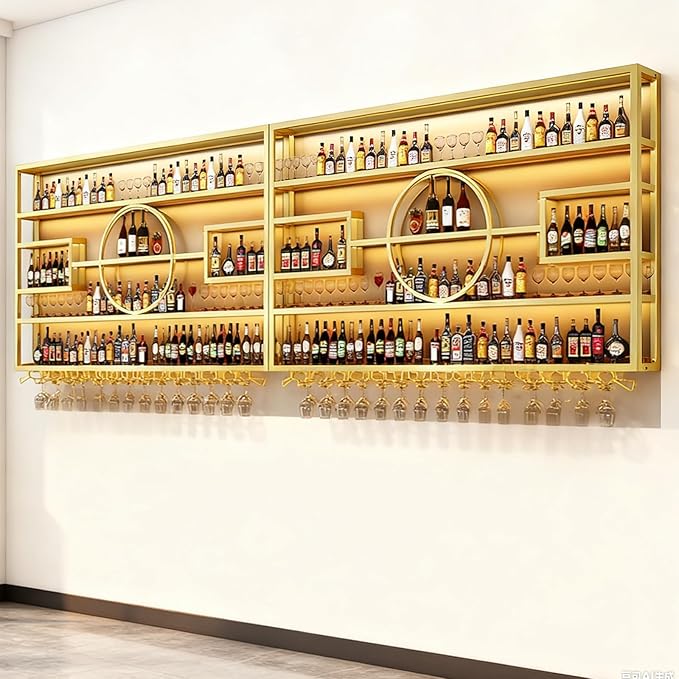 126in Large Wall Mounted Wine Rack, Modern Metal Wine Bottle and Glass Holder, 4-Tiers Liquor Bottles Floating Shelves Display Storage for Home Bar &amp; Dining Room Decorative (GOLD, 126 * 8 * 51INCH)