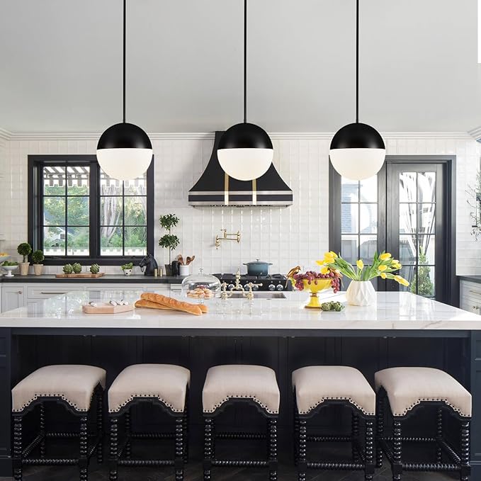 10in Globe Pendant Light Black Large Glass Kitchen Island Pendant Light Fixtures Mid Century Modern Frosted Glass Hanging Light Milky White Ball Pendant Lights for Kitchen Sink Dining Bedroom Entry