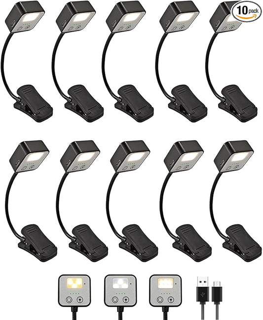 10 Pack Rechargeable Book Lights for Reading at Night in Bed, LED Book Light with Memory Function Lightweight Booklight Bulk Clip on Small Portable Travel Reading Lamps for Book Lovers USB Charging