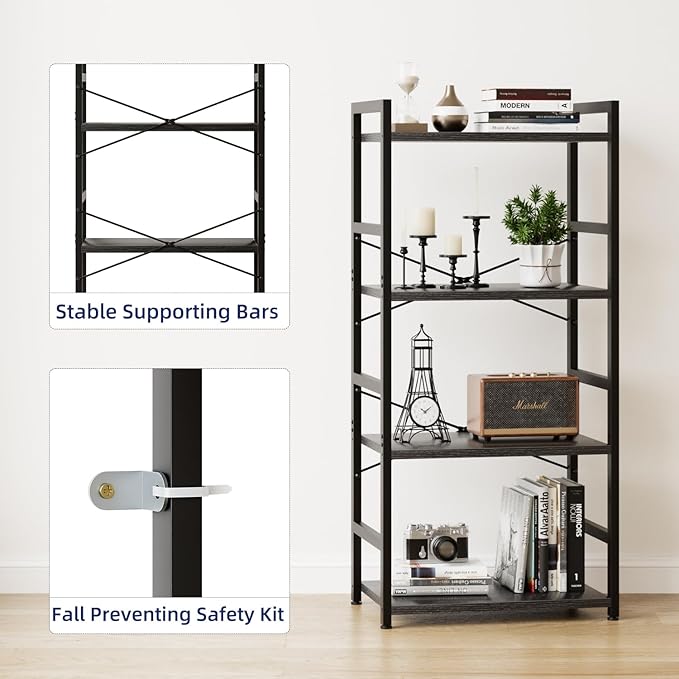 NUMENN 4 Tier Small Bookshelf, Industrial Bookcase Shelf Storage Organizer, Modern Book Shelf for Bedroom, Living Room and Home Office, Black