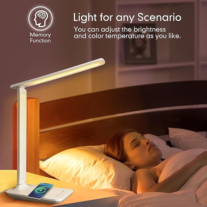 White crown LED Desk Lamp with 15W Wireless Charger &amp; USB Port, Dimmable Table Lamp with 5 Lighting Modes, Sensitive Touch Control, Foldable &amp; Portable Desk Light for Home, Office, Bedroom, Reading