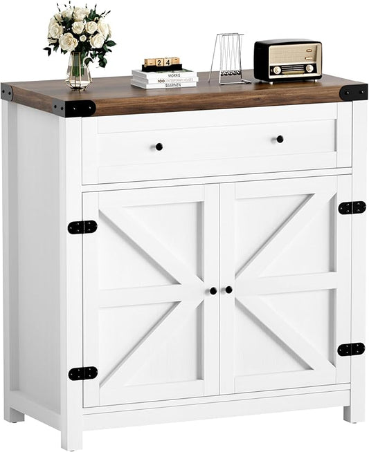 YESHOMY Coffee Bar and Accent Cabinet, Farmhouse Barn Door Buffet Sideboard with Drawer and Adjustable Shelf, Wide Desktop for Kitchen, Dining Room, Bathroom, Entryway, Rustic Brown & White