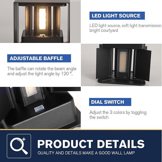LED Outdoor Wall Lights Exterior/Interior 3 Colors Adjustable 15W Wall Light Fixture IP65 Waterproof Porch Exterior Wall Sconce Modern Outdoor Lighting Square Aluminum Black Up and Down Lights