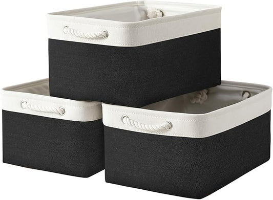 TheWarmHome Storage Basket for Organizing - Large 3 Pack 15.7x11.8x8.3 inch Collapsible Storage Bin for Shelves with Handles Laundry Cube Toy Closet Nursery (Whiet &amp; Black)