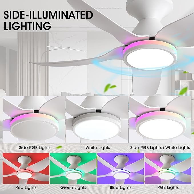 Ceiling Fans with Lights Remote/APP Control, 38" Low Profile Ceiling Fans with Dimmable White Colors+Ring RGB Lights, 6 Speeds 5 Reversible Blades for Kids Room Bedroom Living Room, White