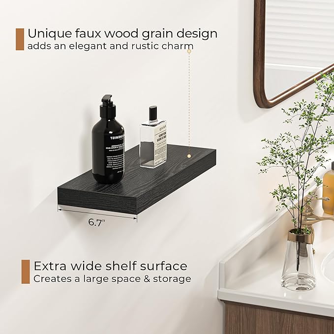 Fun Memories Floating Shelves - 16 Inch Rustic Black Wall Shelf - Wall Mounted Shelves for Wall Decor Storage - Wooden Shelves with Invisible Brackets for Living Room, Bedroom, Kitchen, 2 Pack
