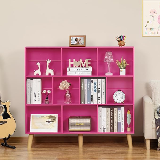 LEYAOYAO 10 Cube Bookshelf,3 Tier Modern Wide Bookcase with Legs,Mid-Century Wood Bookshelfs Storage，Pink Large Book Case,Freestanding Organizer Display Shelf for Bedroom,Living Room,Office