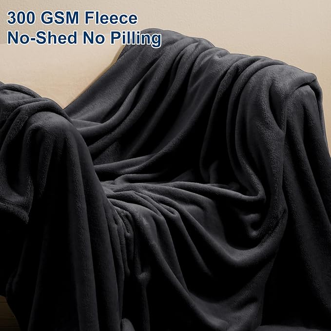 PHF Ultra Soft Fleece Blanket King Size, No Shed No Pilling Luxury Plush Cozy 300GSM Lightweight Blanket for Bed, Couch, Chair, Sofa Suitable for All Season, 108" x 90", Black