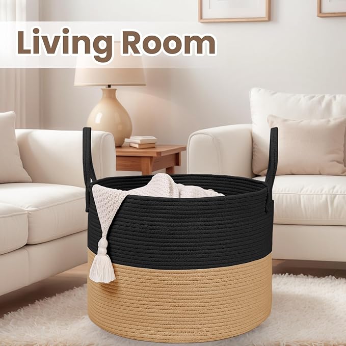 Woven Blanket Basket,65L Large Rope Storage Bin with Handles, Organizer for Blankets Toys Book and Clothes, Laundry Basket for Living Room Bedroom Nursery,Black&amp;Jute