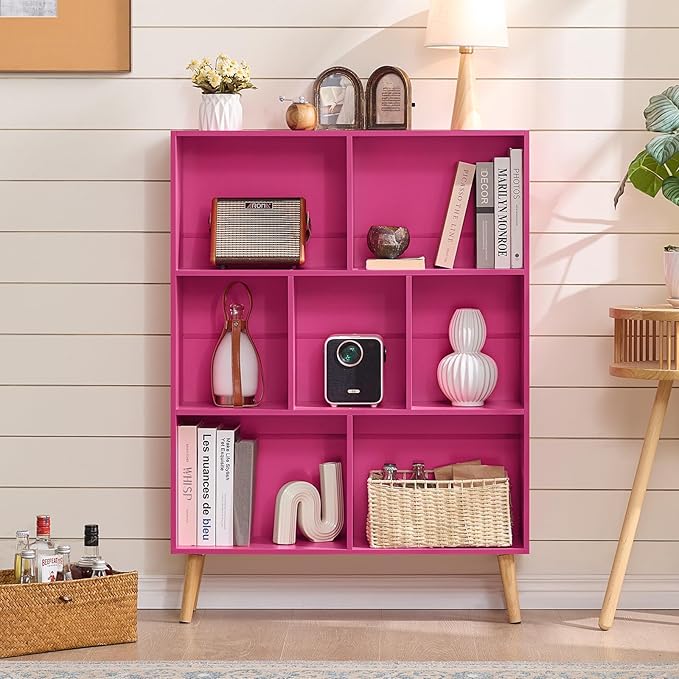 LEYAOYAO 7 Cube Bookshelf,3 Tier Book Shelf with Legs,Pink Modern Bookshelf,Large Freestanding Open Toy Modern Bookshelf,Display Bookcases Decor Furniture for Nursery