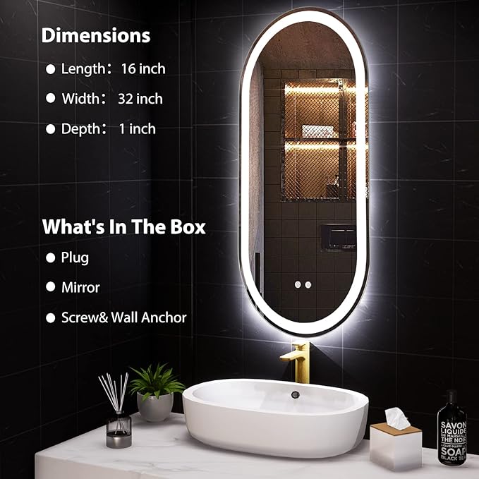 HOMECOOKIN Led Bathroom Mirror with Lights, Anti-Fog - 16 x 32 inch, Wall Mounted, 3 Colors, Adjustable, Horizontal &amp; Vertical