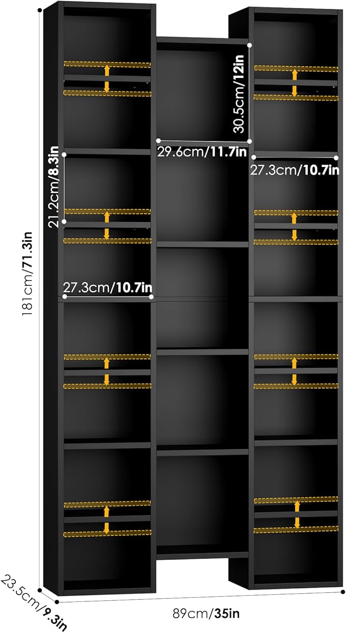 FOTOSOK 71'' Tall Bookshelf, Triple Wide Black Bookshelf with Adjustable Shelves, 8 Tier Media CD DVD Storage Tower Rack, Diaplay Cabinet Shelf, Cube Storage Organizer Shelf for Home Office, Black