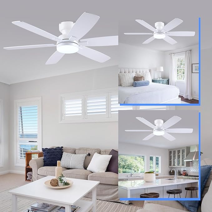 52" Ceiling Fans with Lights, Low Profile Ceiling Fan with Light and Remote/APP Control, Flush Mount Ceiling Fan with 6 Reversible Fan Blades, 3CCT, Dimmable, Quiet Motor for Kidsroom White