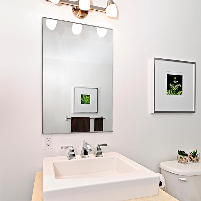 Frame My Mirror Silver Metal Framed Mirror, 20" x 24" Mirror for Bathroom, Metal Frame, True Reflections Glass, Satin Nickel Finish, Stanton Design, Hangs Horizontally or Vertically, Made in USA