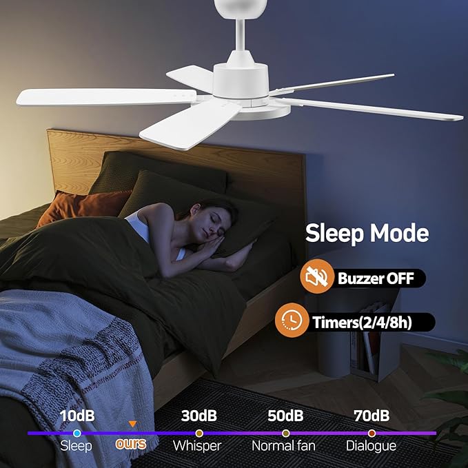 TALOYA 52 Inch White Ceiling Fans with Lights Led Remote Control Flush Mount Low Profile for Bedroom Living Dining Room Outdoor Farmhouse Patio,Reversible,DC Motor,Diammable,Buzzer ON/Off,5 Blades