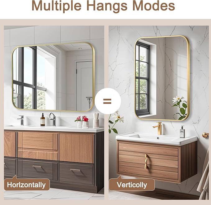 Brushed Gold Mirror, 24"x32" Rectangle Bathroom Mirror, Metal Frame Rectangle Corner Vanity Mirror, Wall Mounted Mirror for Modern, Living Room, Bedroom, Horizontal Or Vertical
