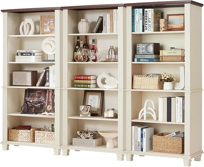 70" Tall White Bookshelf,5 Tier Wood Book Shelf with Adjustable Shelves &amp; Wood Legs,Free Standing Farmhouse Bookcase with Open Display Storage,Vintage Kids Bookshelfs for Nursery,3PCS